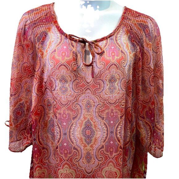 Maggie Barnes  Womens Top Orange Southwest Paisley Sheer Boho Sz 26/28 - Picture 2 of 10